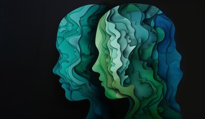 The mental health concept of a person with bipolar disorder. Layers of paper cut into the shape of a human head present various emotions