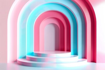 Fototapeta premium Abstract geometric background with podium for product presentation, using blue and pink colors in a minimal concept