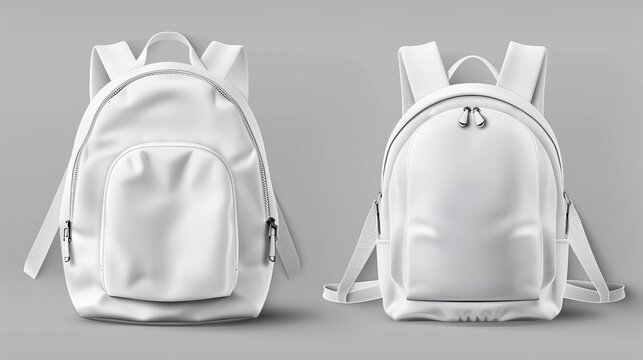 School or sport backpack mockup in White. Student bag realistic design isolated illustration. Blank backpack with zipper template set. Casual front and back textile satchel in White.