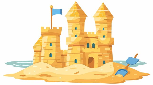 recommend clip art: Beach sandcastle to play near the sea cartoon modern. Cute sand castle sculpture drawing icon isolated on white background. Kid builds a palace for princess with shovel and blue flag on yellow tower.