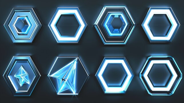 An illustration of an empty silver ranking template. Silver ranking modern icon set. Sci-fi neon game rank avatar metal hexagon frame modern set. Cartoon iron level border badge on dark background.