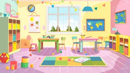 Cartoon illustration of a kindergarten classroom with a large window, pictures on the wall, painting brushes and pencils on the table, cute chairs for the kids, and books on the shelves