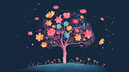 Human brain tree with flowers. Self-care and mental health concept. Concept for the creative mind. Stock image.