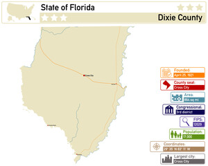 Obraz premium Detailed infographic and map of Dixie County in Florida USA.