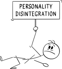 Person has fallen apart or personality disintegration, vector cartoon stick figure or character illustration.