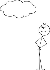 Happy smiling person watching rain cloud on the sky, vector cartoon stick figure or character illustration.