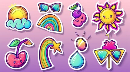 Obraz premium This set of retro groovy stickers features a rainbow, sun character, disco ball, lightning and eye. Psychedelic rave icons with love symbol, cherries, heart-shaped glasses in contemporary style.