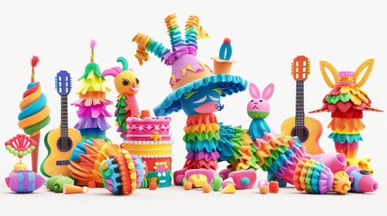 Modern illustration of traditional donkey pinata, spanish guitar, maracas, sombrero, and potted cactus. Popular birthday elements for children.