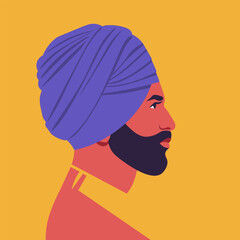 Portrait of a young Sikh man with a beard in a turban Profile of a businessman. Side view. Vector flat illustration