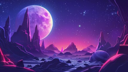 Obraz premium This is a cartoon alien planet landscape with neon blue crystals. Illustration of a space adventure game background with rocky stones, asteroids and meteorites flying in a night sky with stars.