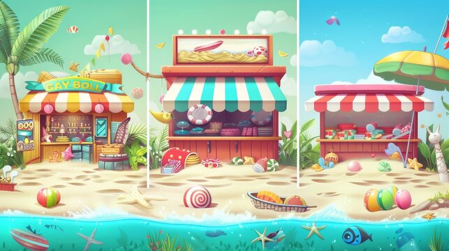 Summer ui game shop frame with a sweets icon. Mobile store box on sand beach gui interface set with a beach umbrella. Tropical app menu board set with cupcake, donut, and macaron props for sale.