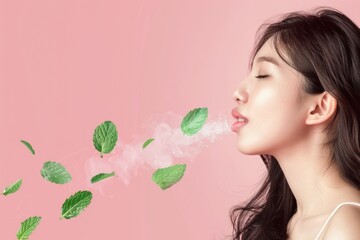 Young woman with fresh breath  mint leaves  pink background.