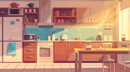 Kitchen interior design with furniture and tableware. Modern cartoon illustration of a morning cup of coffee on the table with brown drawers on the walls, a refrigerator, a microwave oven, and the