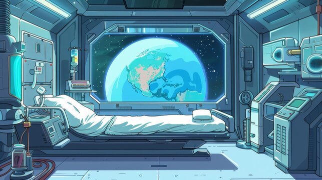 UI backgrounds illustrated with cryogen capsules inside a spaceship laboratory. Hibernation computer equipment used for cryotherapy and biotechnology experiments.