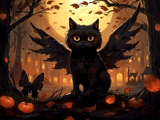 A magical black cat with wings sits in a forest among autumn leaves, illuminated by warm light