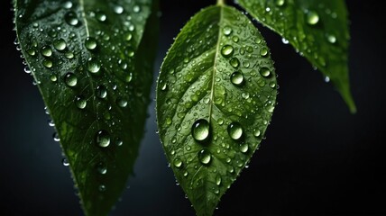 green macro leaf raindrops on fresh green leaves on a background 
