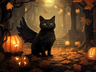 A black cat with wings sits among glowing pumpkins and autumn leaves in a forest, illuminated by the dim light of a lantern.