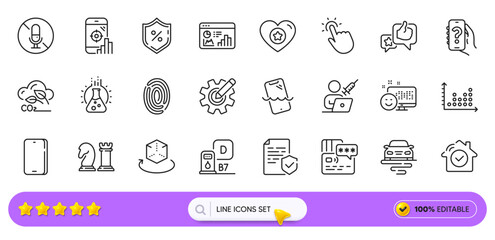 Like, Certificate and Diesel station line icons for web app. Pack of Dot plot, Chess, Cogwheel pictogram icons. Help app, Heart, Seo statistics signs. Co2 gas, Touchpoint. Search bar. Vector