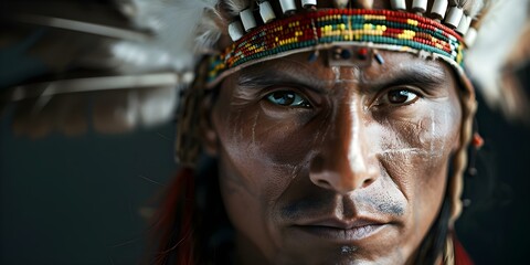 Obraz premium Authentic shamanic portrait highlights cultural heritage spiritual practices and societal reverence. Concept Cultural Heritage, Shamanism, Spiritual Practices, Portraits, Societal Reverence
