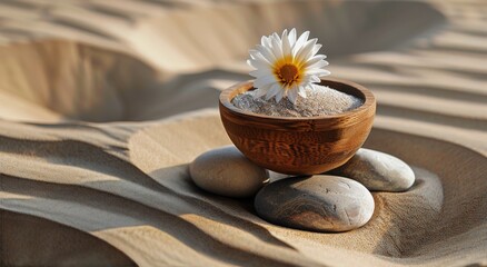 Fototapeta premium White Flower and Smooth Stones on Sandy Beach at Sunset