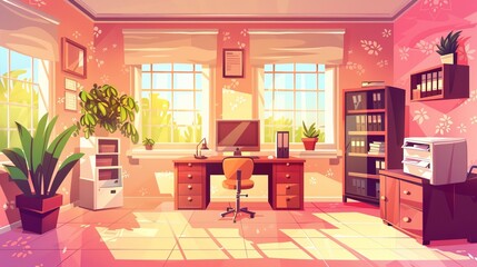 This is a picture of an interior of a home office with a single computer on the desk, coffee machine, chair, and sunlight coming through the window. It is a picture of a studio environment in a house