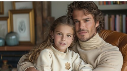 Fototapeta premium Young Girl And Father In Matching White Sweaters Smiling Close Together