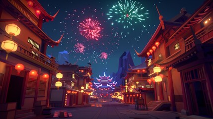 This modern cartoon illustration shows a Chinese festival with fireworks at night. A family party, New Year celebration, red lanterns in the sky and fireworks in the Chinese city.