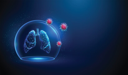 Abstract blue human lungs inside a glass dome and red viruses outside Neon sphere shield Healthcare protection medical concept Futuristic low poly style Geometric background Tecnology wireframe Vector © Елена Бутусова