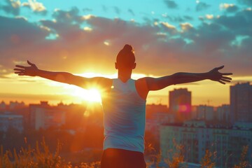 Fototapeta premium Happy runner breathing fresh air outstretching arms at sunset in the city outskirts