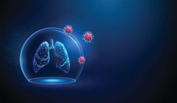 Abstract blue human lungs inside a glass dome and red viruses outside Neon sphere shield Healthcare protection medical concept Futuristic low poly style Geometric background Tecnology wireframe Vector
