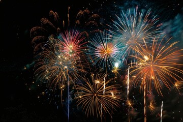 Naklejka premium A stunning display of colorful fireworks exploding in the night sky, casting a magical glow on the surroundings. The vibrant hues and patterns create a breathtaking spectacle.