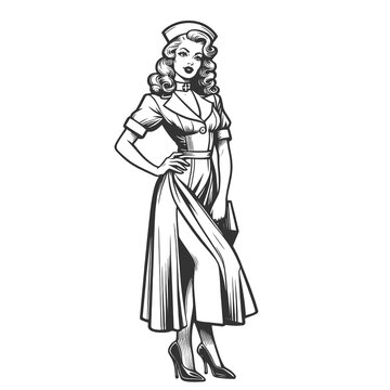 recommend clip art: pin-up styled nun in flirtatious pose, playful retro fashion sketch engraving generative ai fictional character raster illustration. Scratch board imitation. Black and white image.