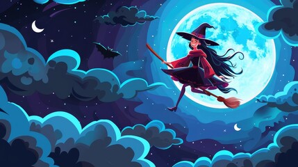 This cartoon illustration depicts a young witch riding a magical broomstick at night in the skies above a dark blue sky with clouds and a full moon.