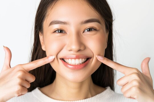 Woman with perfect smile pointing at teeth  happy. Dental concept.