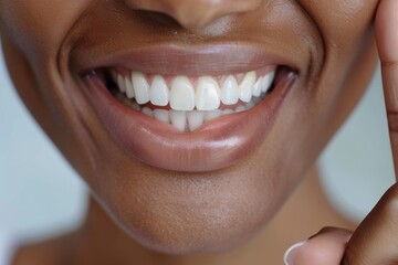 African woman shows off white  straight smile after dental treatment.