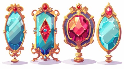 Speculum set with diamonds and gemstones. Cartoon modern set of fairytale antique mystery mirrors with golden, wooden, and metallic frames.