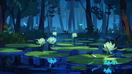 Naklejka premium An animated night forest with water lilies, bushes and tree trunks on the shore, glowing fireflies and coastline. A dark cartoon woodland scene with lotus flowers on a pond.