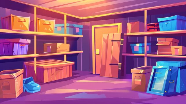 A cartoon modern illustration of a home cellar storeroom featuring a staircase and a window with light from the sky. The basement of the house contains boxes for storage, housekeeping equipment, and