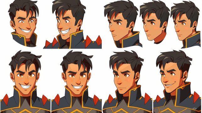 A young character creator element for games. A cartoon character constructor set for young men featuring hairstyle, eye color, eyebrows and lips.