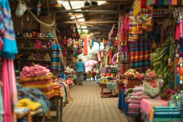 A bustling marketplace filled with vibrant stalls selling various goods, surrounded by lively atmosphere. People of all ages are engaged in shopping and socializing.