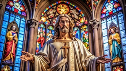 Jesus statue in a church, with stained glass in the background.