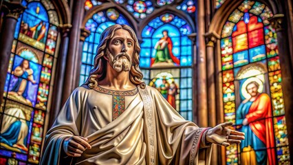 Fototapeta premium Jesus statue in a church, with stained glass in the background.
