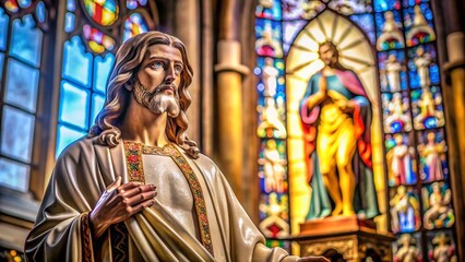 Fototapeta premium Jesus statue in a church, with stained glass in the background.
