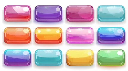 Stylish cartoon set of blank glossy web buttons in a rainbow of colors, ideal for game menus, mobile apps, and website interfaces.
