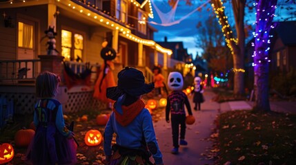 Exciting Halloween Night: Kids in Costumes Trick-or-Treating in Spooky Suburban Neighborhood