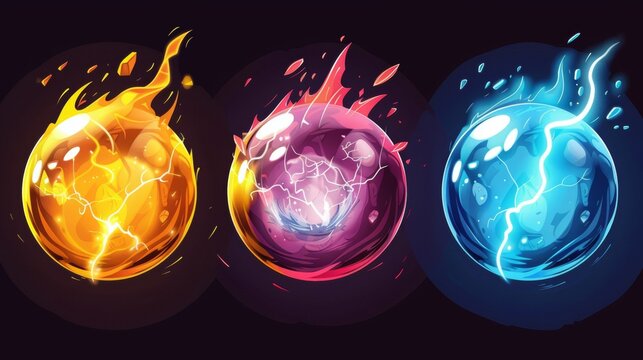 Optical orb ball game icon with fire glow. Crystal power sphere and lava fireball with electricity. Neon crystal plasma bubble. Abstract round abstract collection with glow and shine.