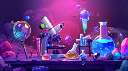 Fototapeta premium Research glassware and materials in a research laboratory. Glass beakers, flasks, pipes, and microscope on a table. Chemical or medical science experiment equipment.