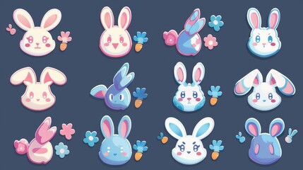 Isolated set of hair clips decorated with pink bunny, orange carrot, blue flower, children fashion, trendy styling decor.