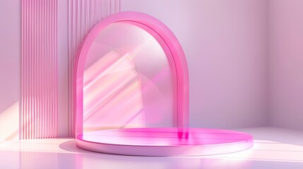 Realistic 3d cylinder showcase platform with holographic iridescent gradient color on pink hologram product podium with abstract arch and wave decorative elements.