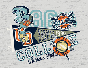 College baseball kids league athletic department cute vector print for sporting children wear t shirt sweatshirt pajamas 